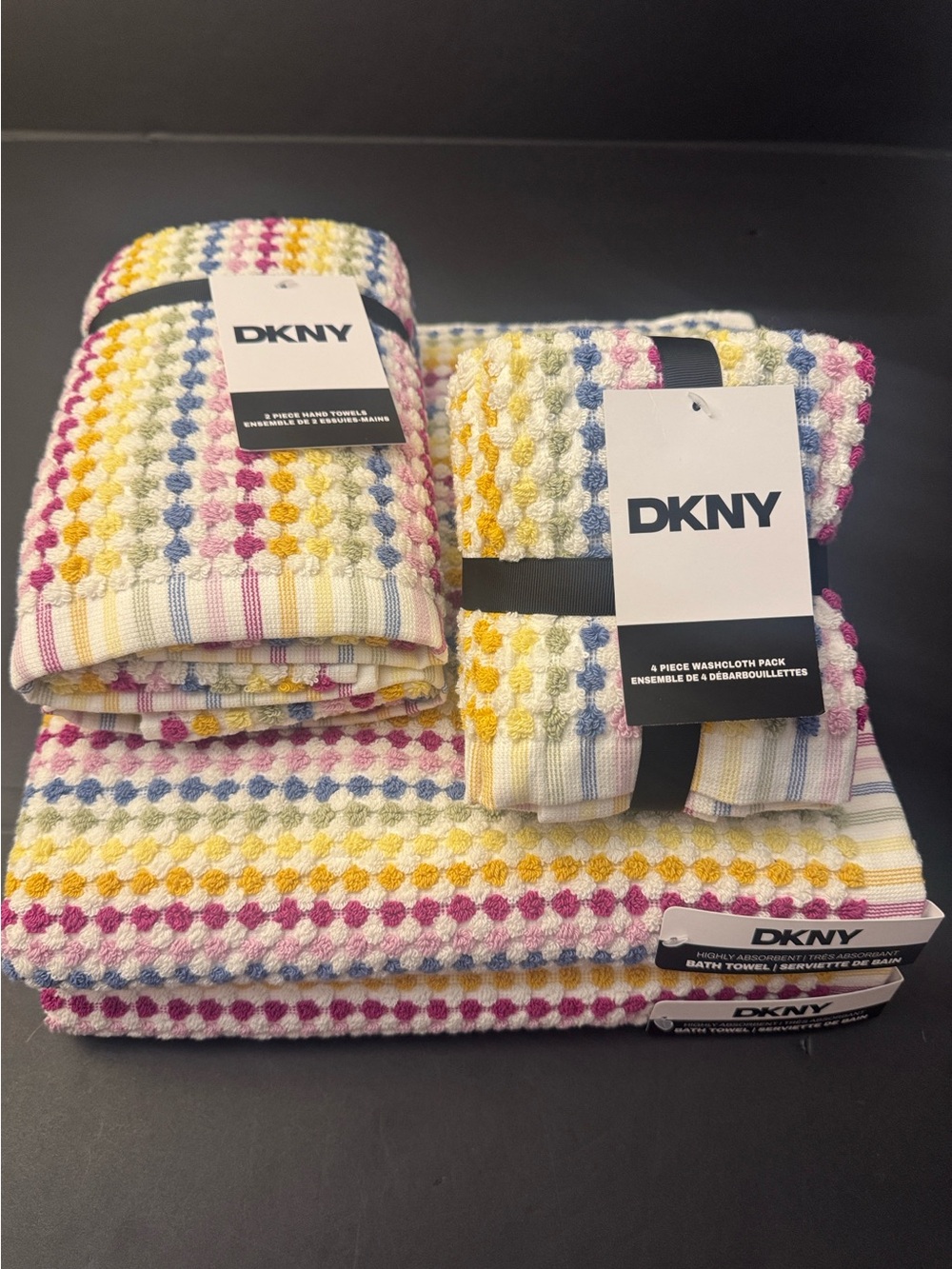 8pc DKNY 100% Cotton Bath Towel Set - Highly Absorbent - Multi - Dots
